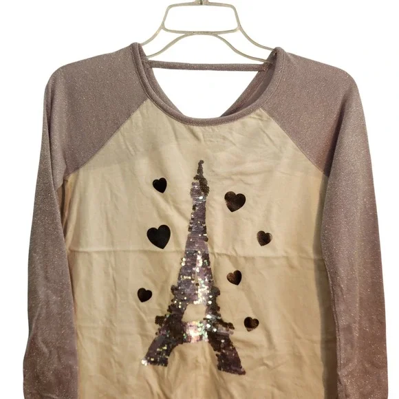 Justice Girls‎ Size 12 Top Long Sleeve Paris Eiffel Tower Hearts Sequined New