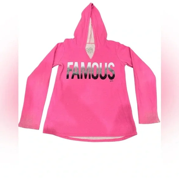 Justice Pink Famous Hooded Long Sleeve Top Y2K Barbiecore Logo Girls 12