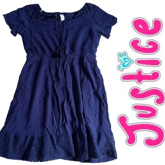 JUSTICE Girl’s Dark Blue Short Sleeve Lace Ruffle Dress - Size 16