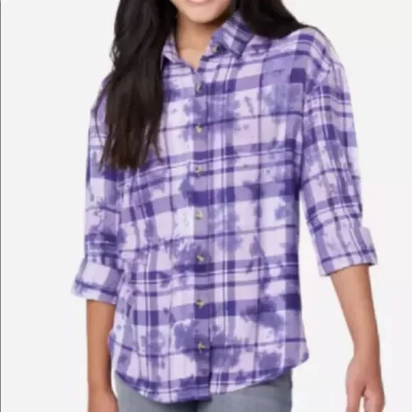 Justice Girls Purple Plaid Roll Sleeve Button Down Shirt Sz XL 16-18 NEW