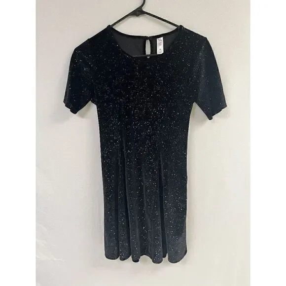 Justice Girls Tunic Short Sleeve Crew neck Velvet with Sequins Dress Black Sz 14