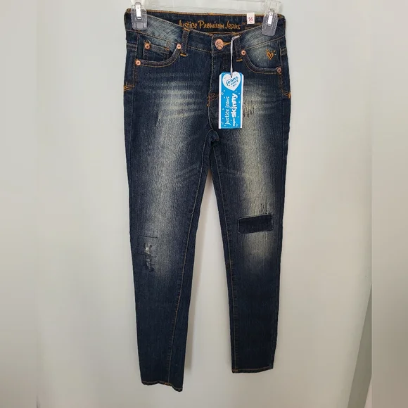 Justice Premier Jeans Girls 14 Slim 14S Dark Wash Super Skinny Denim Jeans Patch