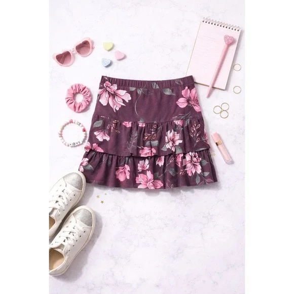 Justice‎ Girls Floral Tiered Ruffle Skirt Size 12 Burgundy Pink Flowers
