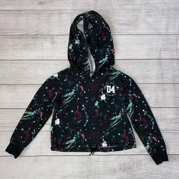 Justice active paint splatter hoodie w/bottom hem drawstring youth girls sz 6