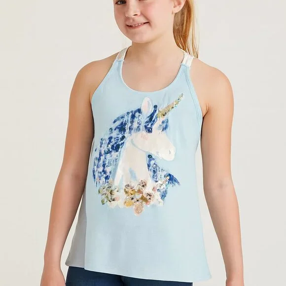 Justice Girls Unicorn Graphic Racerback Tee Blue Size L (14‑16)