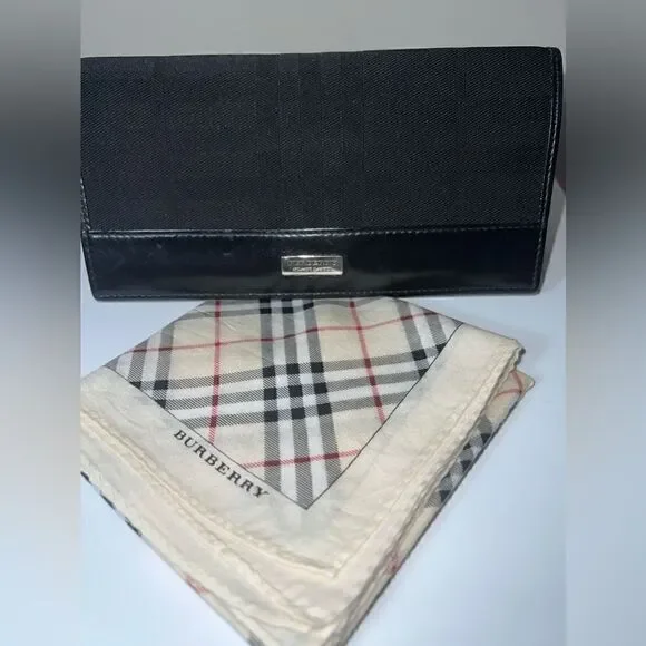 BURBERRY Black Label Leather and Canvas Long Bifold Wallet