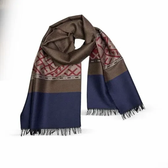 Vintage Wool Scarf Brown Blue Red Tan Men's Women's Excellent 68x14