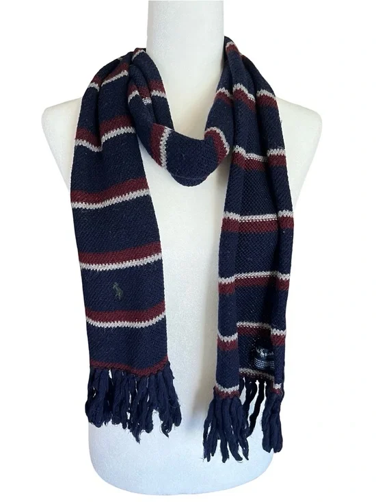 VTG POLO RALPH LAUREN 100% Merino Wool Striped Scarf Logo Blue Classic Luxe Prep