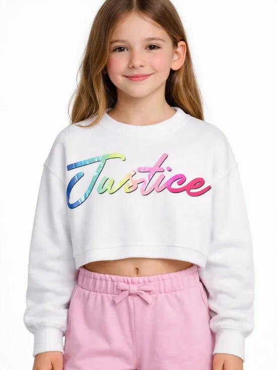Justice Girls Cropped Sweatshirt Size M (10) Graphic Raw Hem Long Sleeve