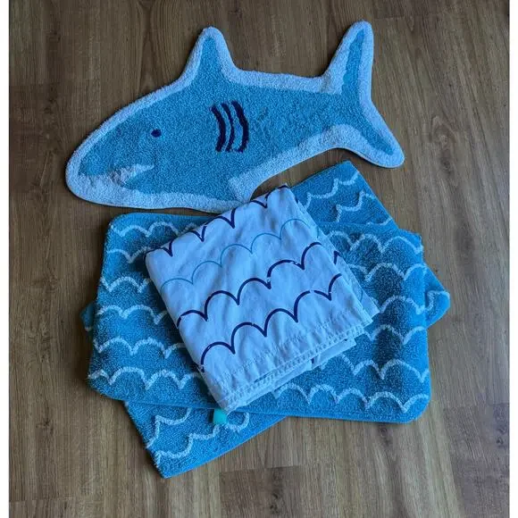 Shark Ocean Pillowfort shower curtain and 3 rugs