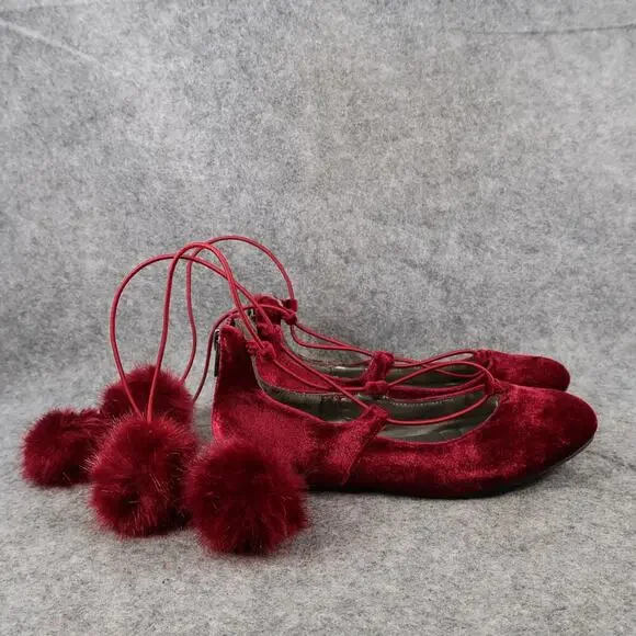 Sugar Shoes Kids 13 Ballet Flats Pom Pom Tie Red Round Toe Faux Fur Lollipop