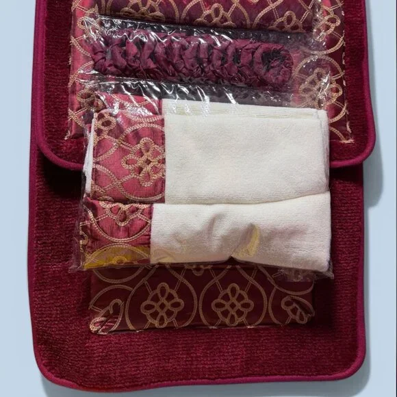 18 pieces Burgundy Bath set, Shower Curtain, Mats, Hooks and decorative towels