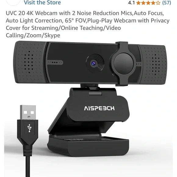 Black 4K Webcam with Noise Reduction Mics
