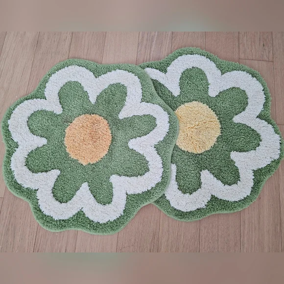 Set of 2 Small Floral Rugs – Green & Yellow, Brand New