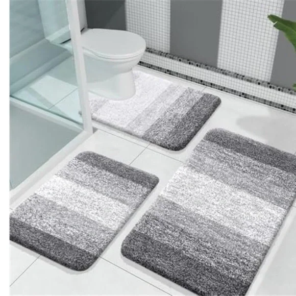 3 Piece Bathroom Rug Set Plush Microfiber Bath Mats Contour Toilet Grey