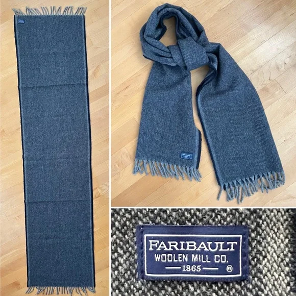 🐑Twill Pattern Navy+Gray Fringed Virgin Wool Scarf | Fairibault Woolen Mill Co.