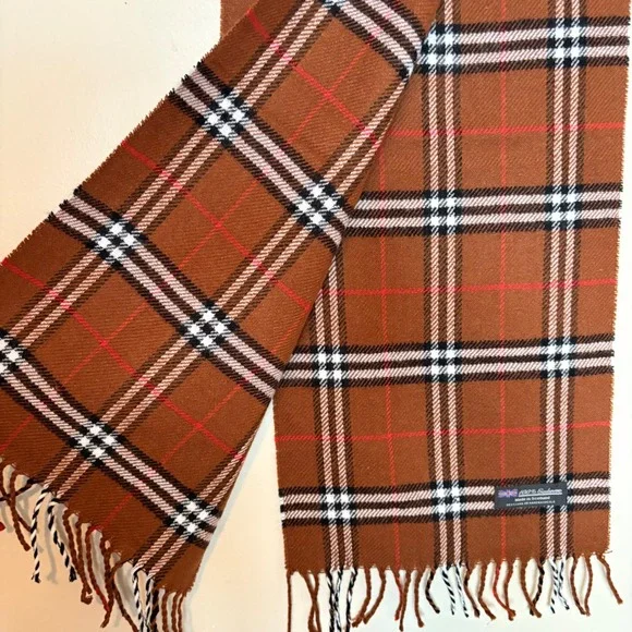 Men's 100% Cashmere Scarf Plaid Made in Scotland Brown Red White Black 68