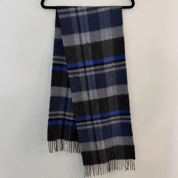 The Mens Store Bloomingdales Cashmere Scarf Plaid Navy Blue Grey Made in Germany