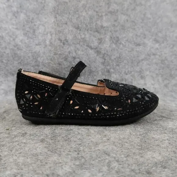 Link Shoes Toddler Kids 7 Flats Mary Jane Black Rhinestones Perforated Dress