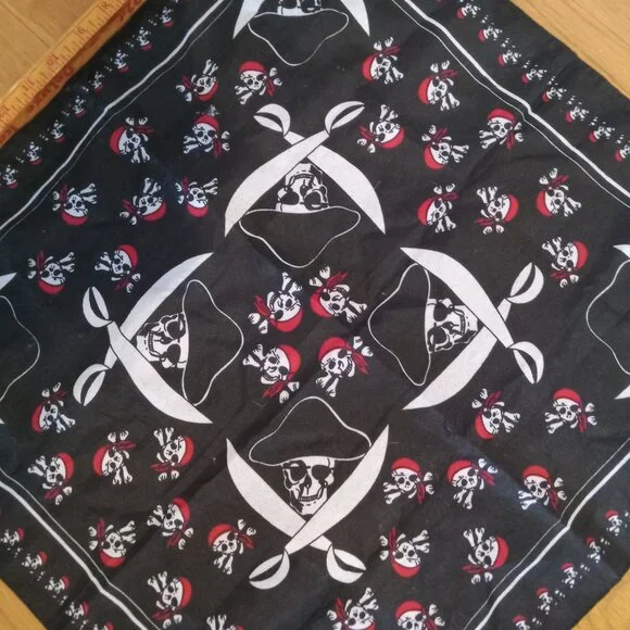 FREE Upon Request w/$10+ Purchase! Pirate Skull Black, Red & White Bandana Scarf