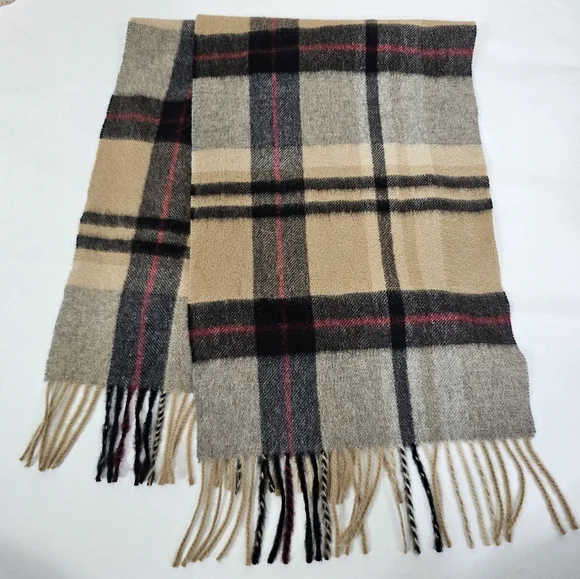 The Men's Store Bloomingdale's Plaid Cashmere Scarf Fringe Tan Black Gray Red