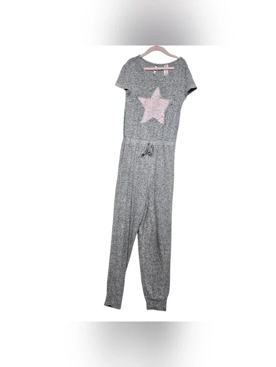 Justice Gray Pink Sequins Star Jumpsuit Keyhole Short Sleeves Stretchy Girls 8