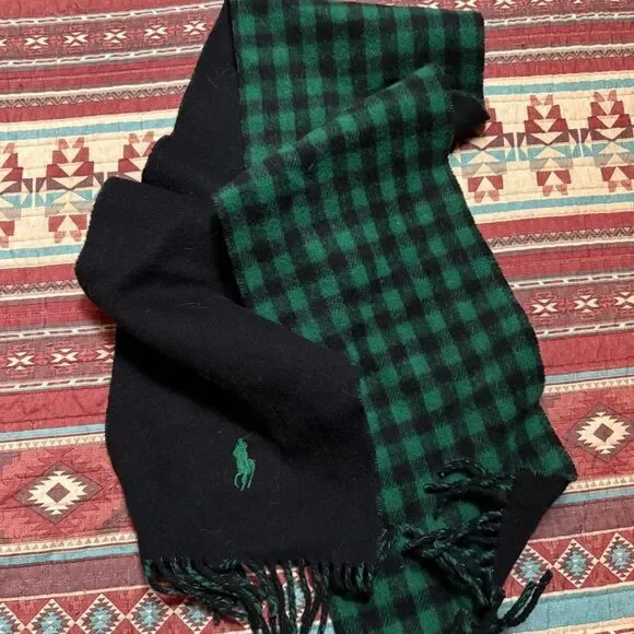Polo Ralph Lauren Black and Green Plaid Wool Reversible scarf