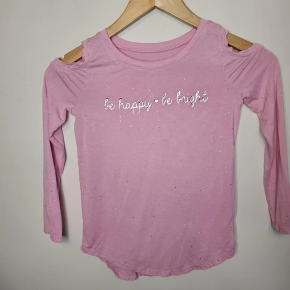 Justice Girls Pink Cold Shoulder Long Sleeve Top Size 6 Glitter Sparkle Graphic