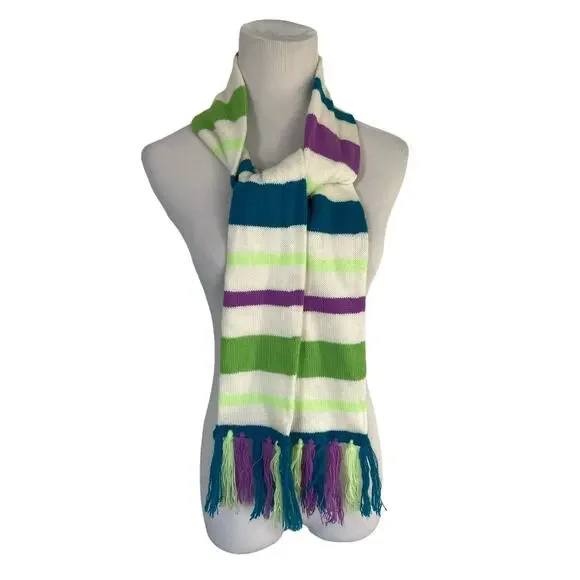 Girls OS Justice White Blue Purple Neon Green Knit Tassel Scarf