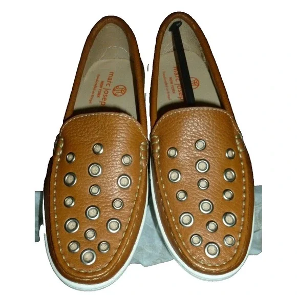 Marc Joseph New York Kids Tan Pebbled Leather Grommet Slip-On Loafers Brazil