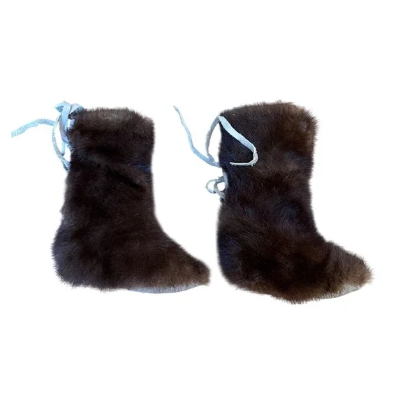 Rabbit Fur Moccasins Kids Brown Vintage Winter Boots SIZE 0-12m
