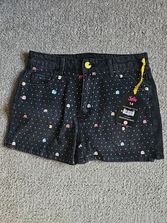 Girls Justice Black Denim Shorts with Multicolor Arcade Pacman Print New!