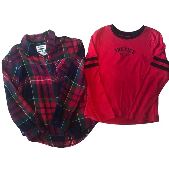 Justice Girls Set Tops Plaid Button Red Ringer Long Sleeve