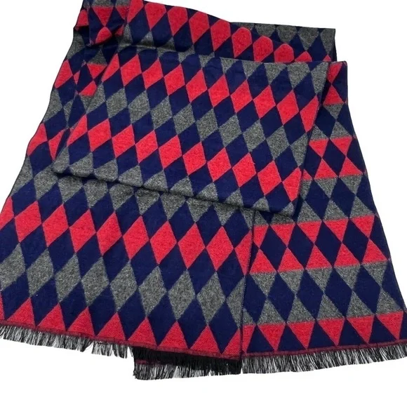 Men’s Red Blue Gray Diamond Print Cashmere Rectangle Long Scarf