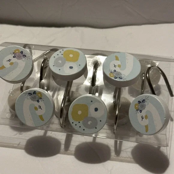 Home Swan Themed Shower Curtain Hooks blue, yellow, and grey 12pc