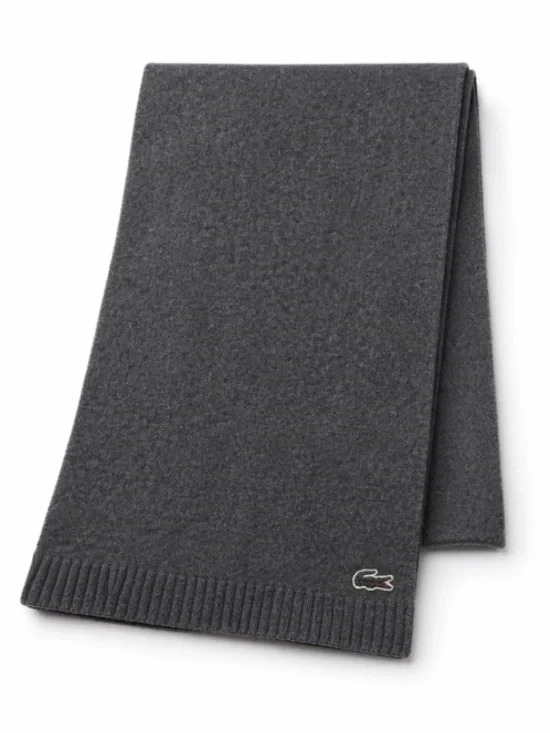 Lacoste Charcoal Knit Wool Blend Scarf with Ribbed Edge