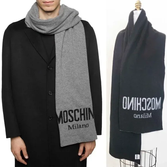 Moschino Unisex Wool Black Gray Logo Scarf Italy