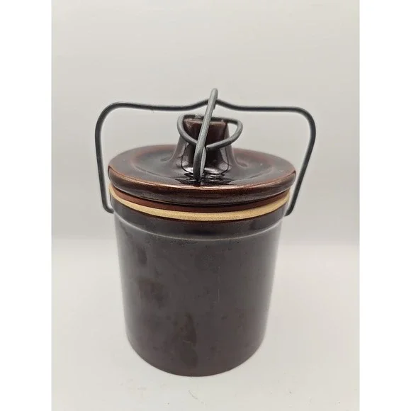 Vintage Small Glazed Butter Cheese Crock w/ Locking Bale Wire Lid‎ Brown Color