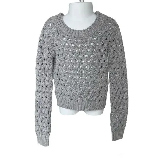 Girls 6 Justice Gray Silver Tinsel Long Sleeve Crop Knit Sweater