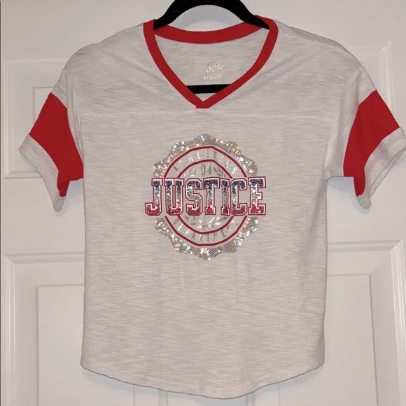 Justice V-Neck Sequins Sporty T-Shirt 8 Red Gray Casual Summer