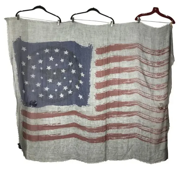 nwot YIGAL AZROUEL Scarf 72”x53”ITALY Cashmere Graphic Flag-USA Logo Fringe-Hem