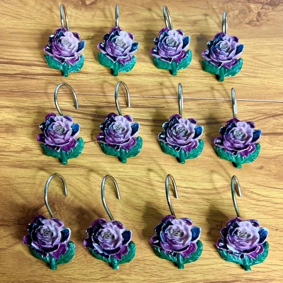 Vintage Bordeaux Floral Resin‎ Shower Hooks Set of 12 Purple Cottage Shabby Chic