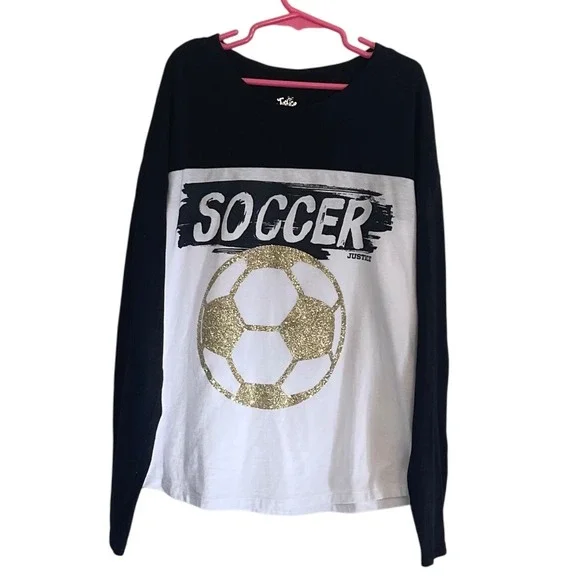 Justice‎ Girls Soccer Long Sleeve Shirt Black White Gold Sparkle Size L (12/14)
