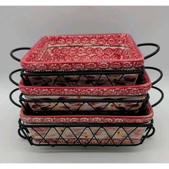 Temp-Tations Old World Cranberry Set of 3 Square Bakers With Wire Serving Racks