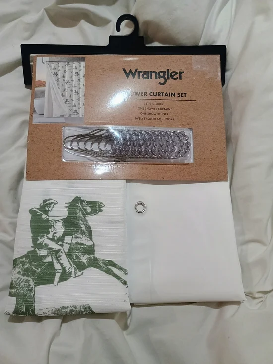 New Wrangler Horse & Cowboy Green & White Shower Curtain & Liner Set 72x72