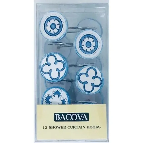 Ceramic Shower Curtain Hooks Set of 12 White Blue Flower Decal NEW