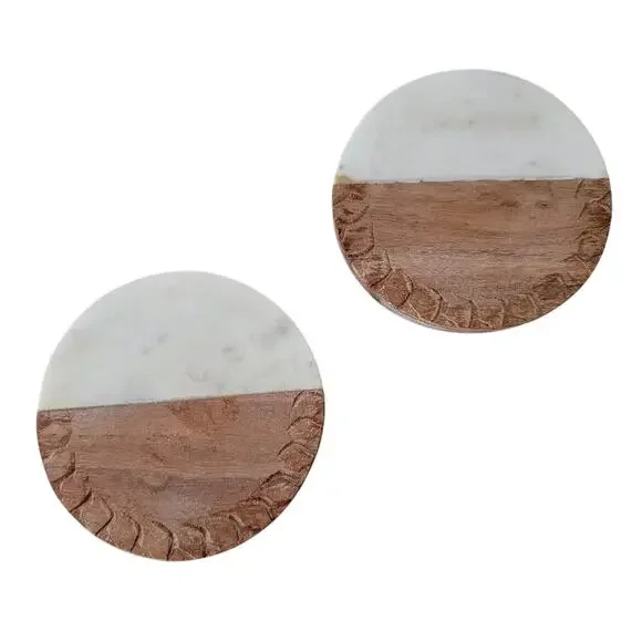 Handmade Marble and Wood Round Coaster Set of 2 Acacia Wood White Marble