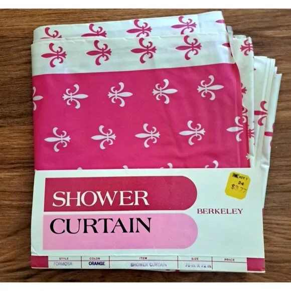 Vintage Vinyl Shower Curtain Fleur De Lis Pink White NEW NOS Retro Berkeley
