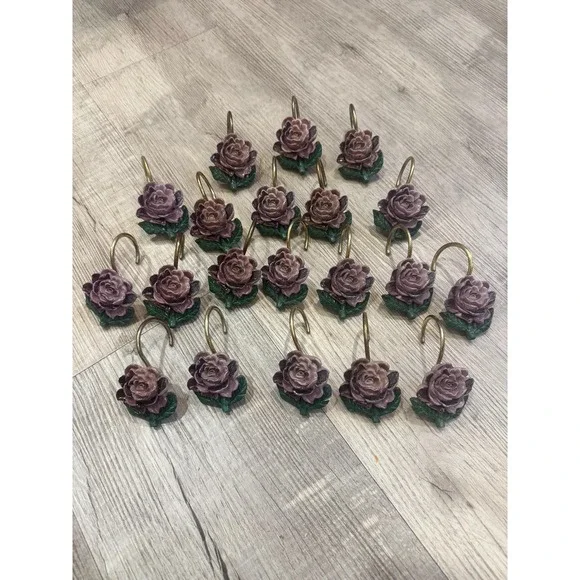 Set of 20 Vintage Shabby Chic Rose‎ Shower Curtain Hooks - Mauve/Dusty Rose