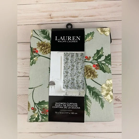 Lauren Ralph Lauren Pinecone Holly Christmas Holiday Fabric Shower Curtain 70x72